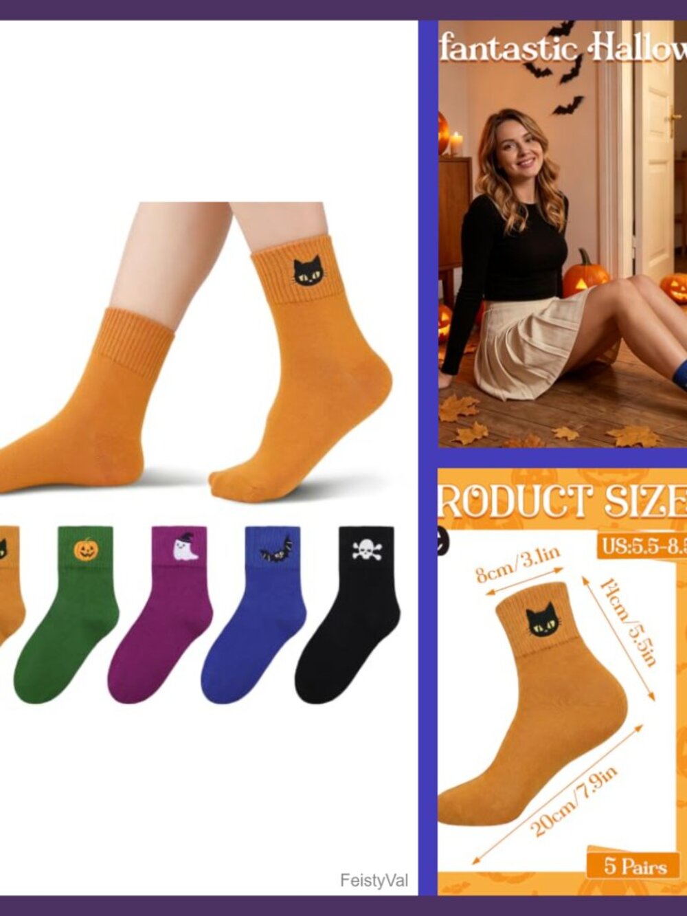 5 Pairs Halloween Embroidered Crew Socks Cotton Blend Women Gift